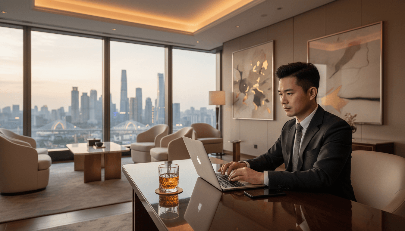 Luxury business lounge with executive preparing for Canton Fair negotiations