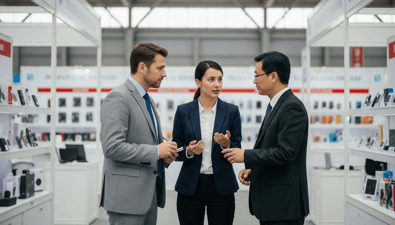 Professional English-Chinese translator facilitating business discussion at Canton Fair