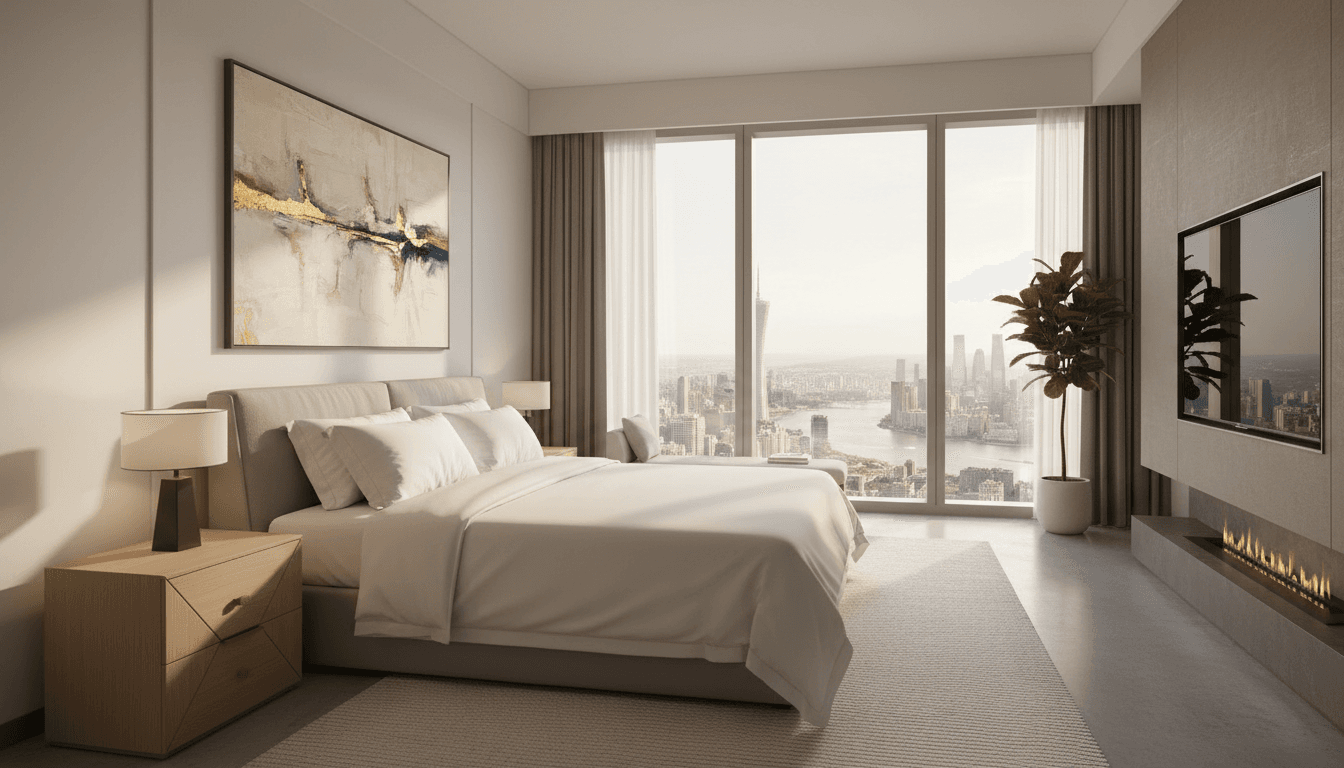Modern boutique apartment bedroom with city view and premium amenities
