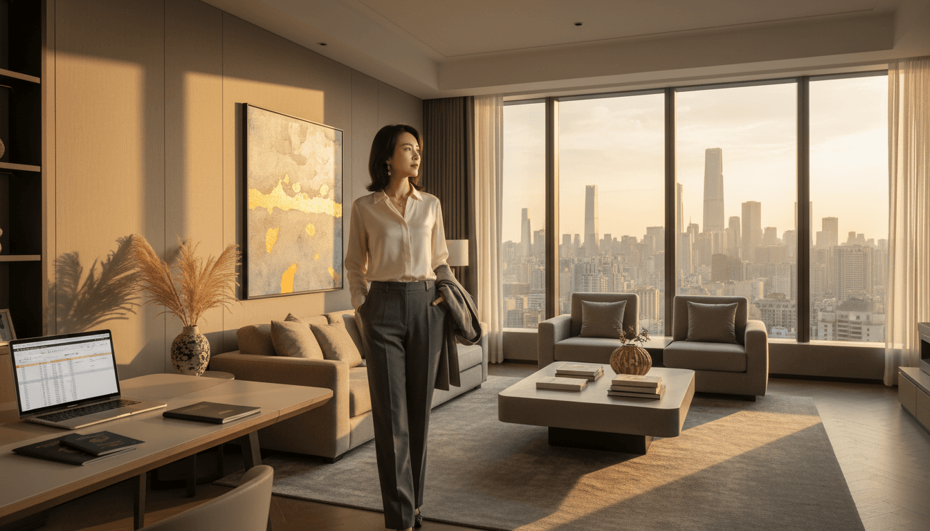 Professional woman gazing at Guangzhou skyline from luxury apartment