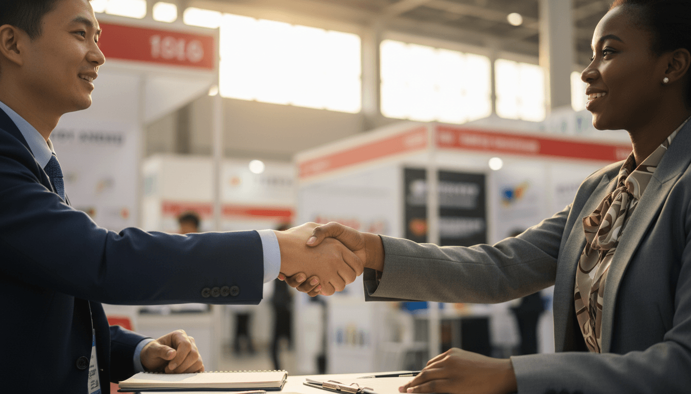 Business professionals shaking hands at Canton Fair