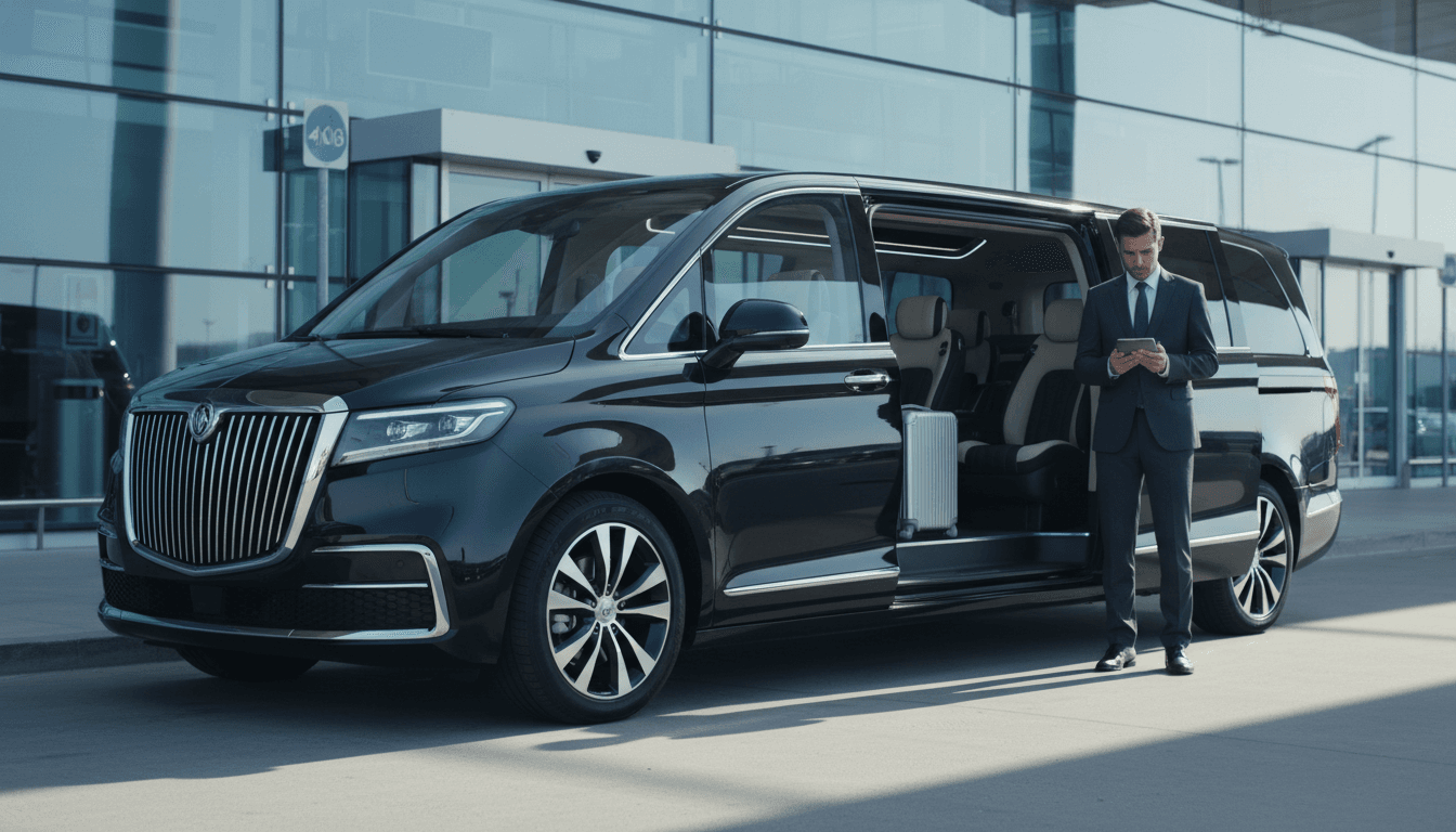 Luxury electric van parked at Guangzhou airport terminal for premium airport transfer service