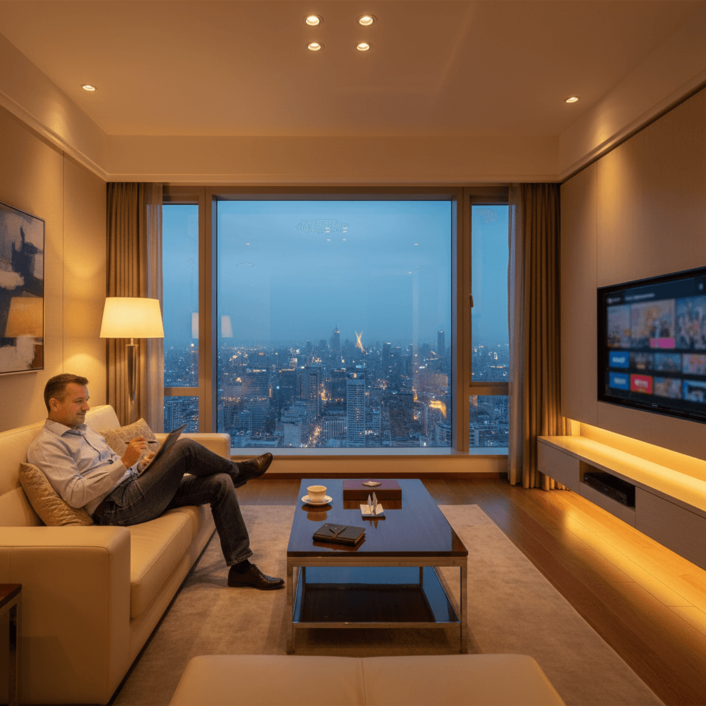 Client relaxing in luxury boutique apartment accommodation in Guangzhou