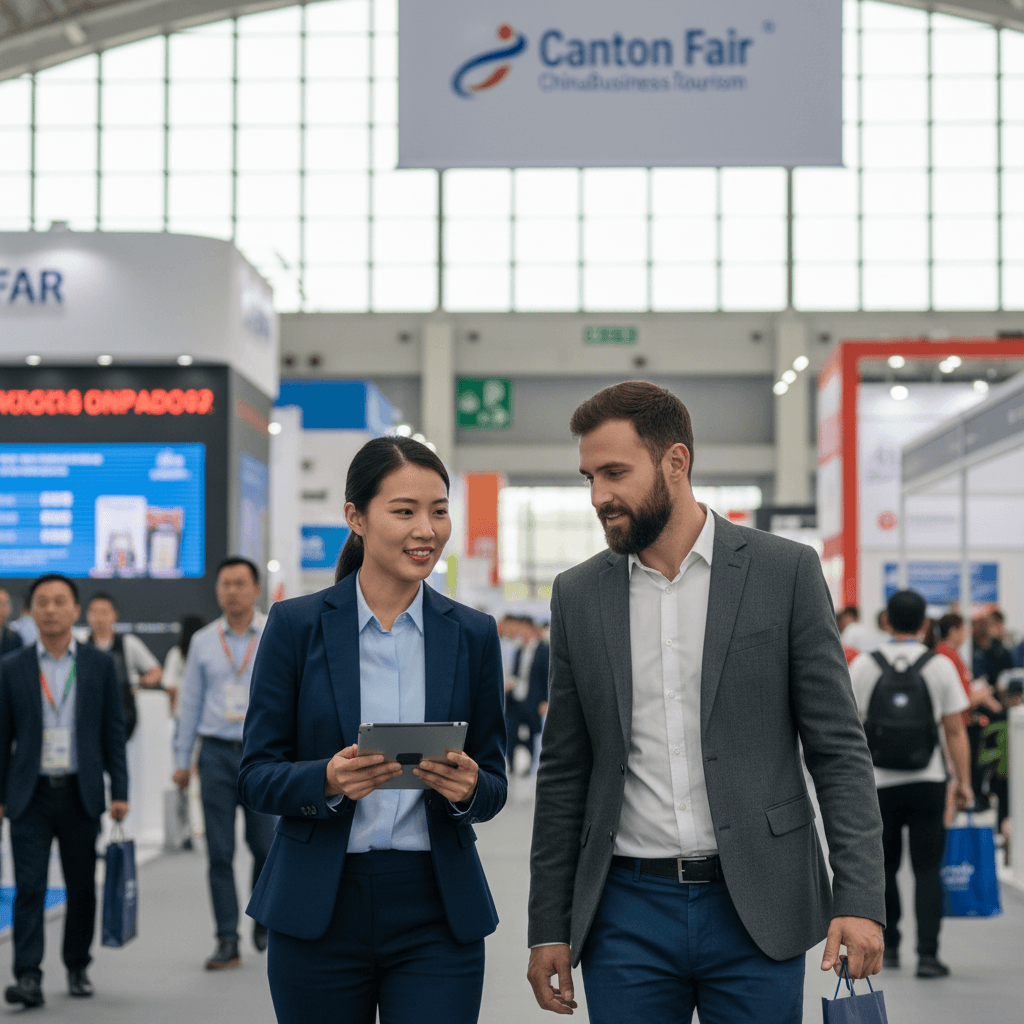 ChinaBusinessTourism coordinator assisting client at the Canton Fair