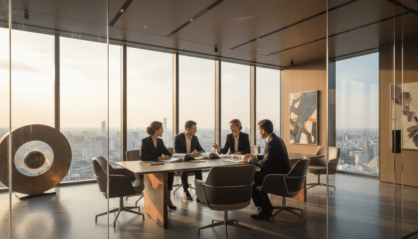 Executive business professionals reviewing Canton Fair materials in a luxury Guangzhou conference room overlooking the city skyline