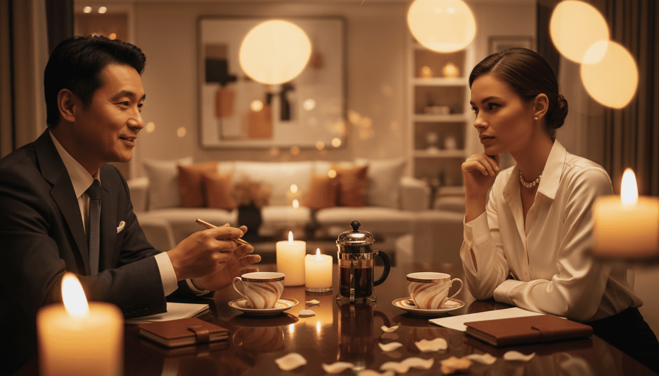 Business professionals in conversation at luxury café