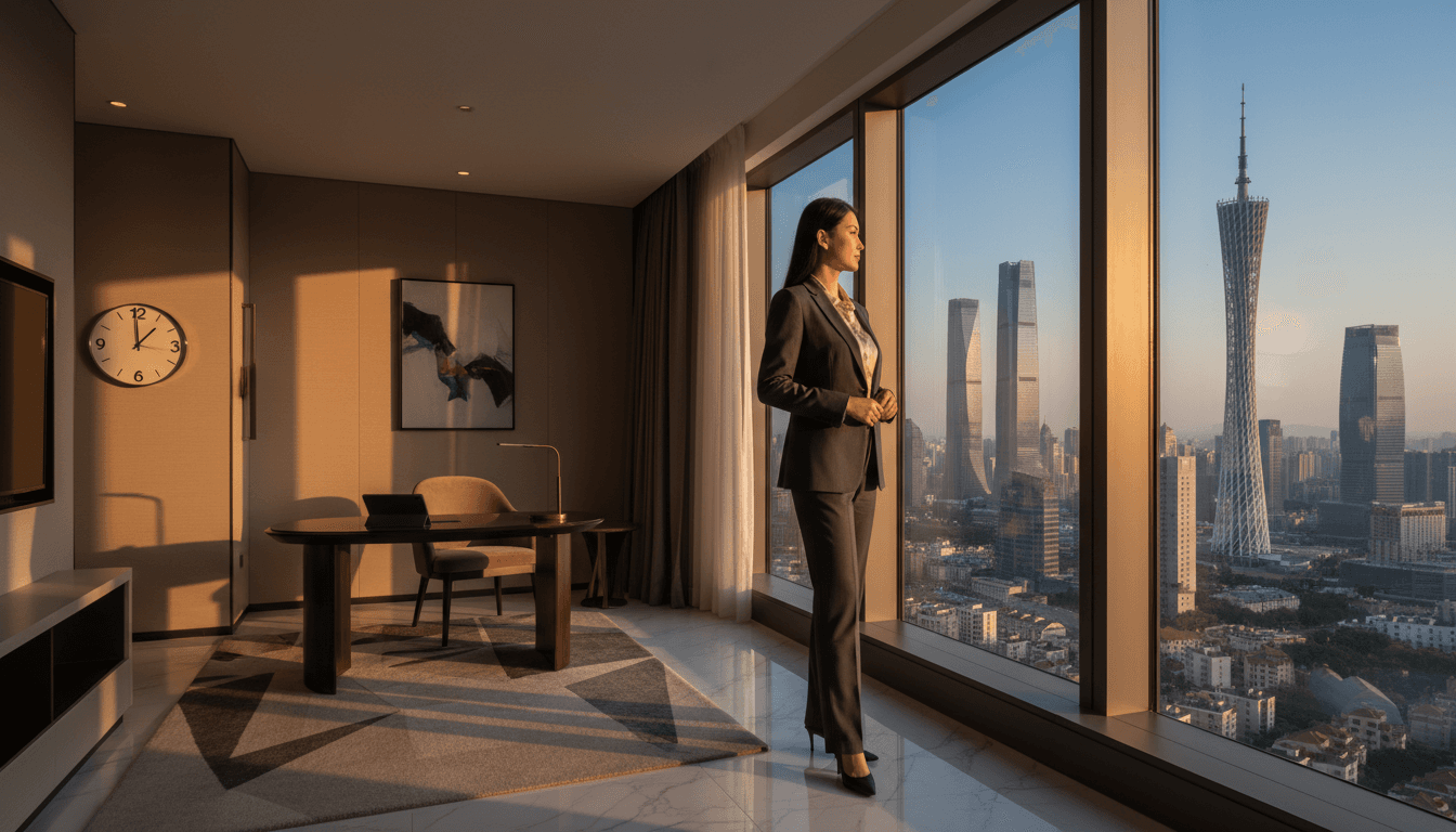 Executive business professional overlooking Guangzhou cityscape from luxury hotel suite