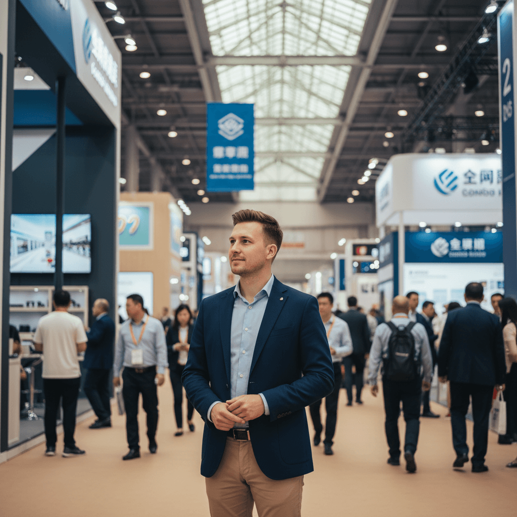 E-commerce founder surveying the Canton Fair exhibition floor