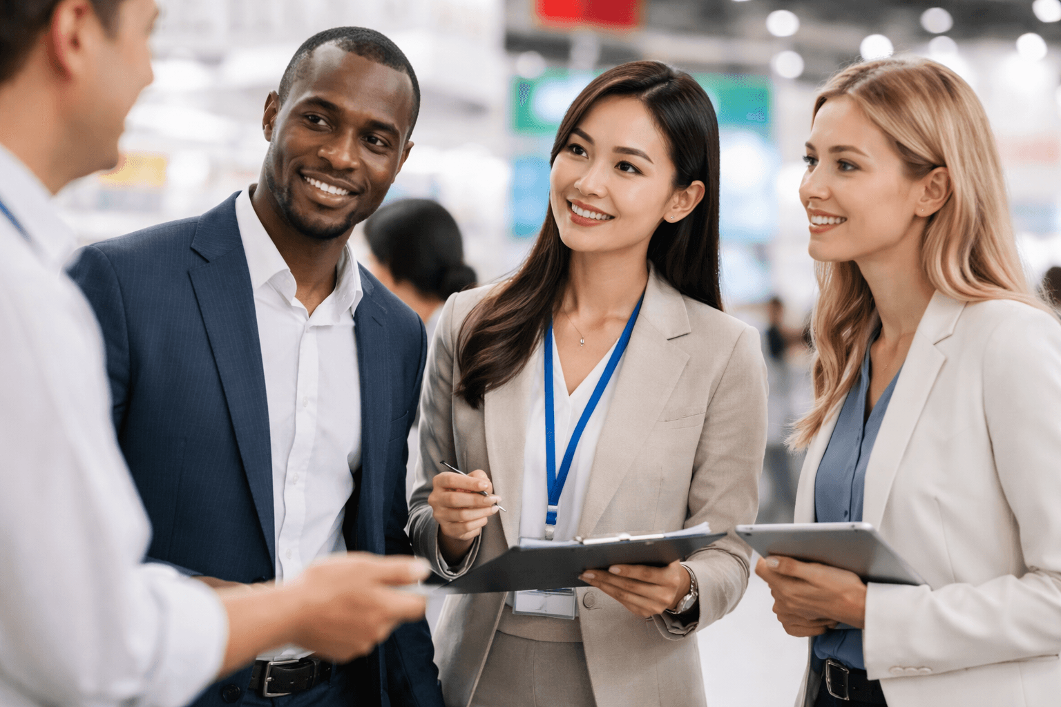 Diverse group of smiling business professionals talking while holding a clipboard and digital tablet.